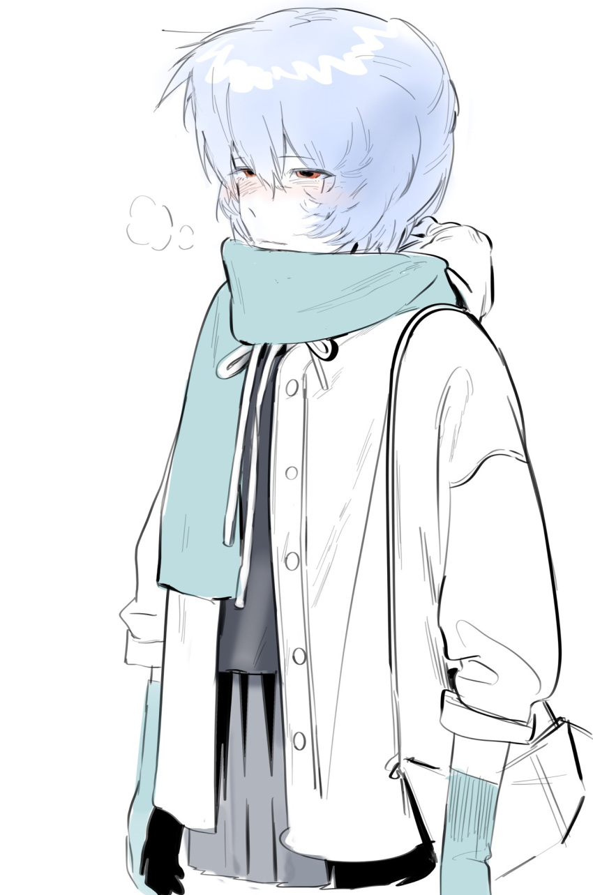 1girl, :|, aqua_gloves, aqua_scarf, arms_at_sides, ayanami_rei, black_sweater, blue_hair, blush, breath, closed_mouth, coat, cold, cropped_legs, expressionless, from_side, gloves, grey_skirt, hair_between_eyes, highres, hood, hood_down, ldubng563045, looking_afar, looking_ahead, narrowed_eyes, neon_genesis_evangelion, nose_blush, open_clothes, open_coat, pale_skin, pleated_skirt, red_eyes, scarf, short_hair, simple_background, skirt, solo, standing, sweater, white_background, white_coat, winter_clothes