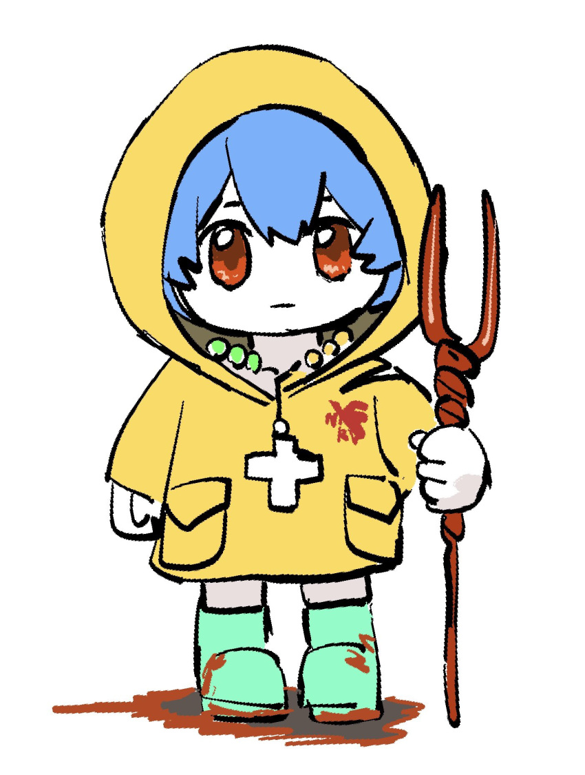 1girl, :|, ayanami_rei, bead_necklace, beads, blue_hair, boots, chibi
