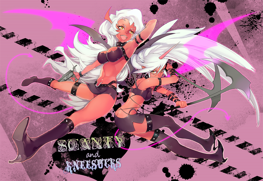 artist_request, demon_girl, fang, gun, horns, kneesocks_(character), kneesocks_(psg), long_hair