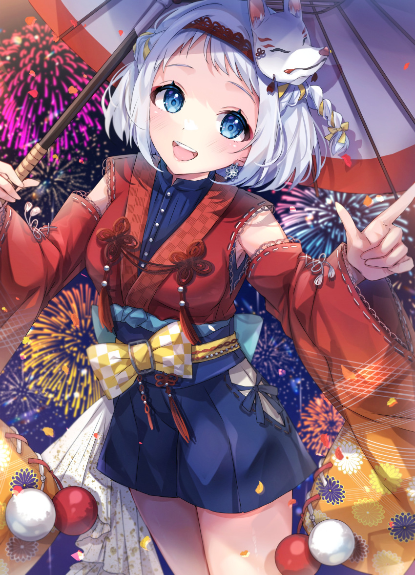 1girl, absurdres, aerial_fireworks, bare_shoulders, blue_bow, blue_eyes, blue_shirt, blue_skirt, blurry, blush, bow, breasts, checkered_bow, checkered_clothes, cowboy_shot, depth_of_field, detached_sleeves, dot_nose, earrings, falling_petals, fireworks, floral_print, floral_print_sleeves, fox_mask, furisode, gakuen_idolmaster, gradient_sleeves, grey_hair, hairband, half_up_braid, highres, holding, holding_umbrella, idolmaster, index_finger_raised, japanese_clothes, jewelry, kamurogiku_(idolmaster), katsuragi_lilja, kimono, kimono_skirt, long_sleeves, looking_at_viewer, mask, mask_on_head, medium_breasts, miniskirt, multicolored_background, obi, obiage, oil-paper_umbrella, open_mouth, petals, red_hairband, red_kimono, red_sleeves, ribbon, ribbon-trimmed_sleeves, ribbon_braid, ribbon_trim, sash, shirt, short_hair, skirt, sleeveless, sleeveless_kimono, sleeveless_shirt, smile, solo, sorashima_(117), standing, teeth, two-tone_sleeves, umbrella, upper_teeth_only, waist_bow, wide_sleeves, yellow_bow, yellow_ribbon, yellow_sleeves