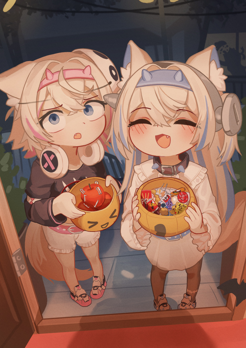 2girls, absurdres, aged_down, animal_collar, animal_ear_fluff, animal_ears, apple, batman, batman_(series), blonde_hair, blue_eyes, blue_hair, blush, child, closed_eyes, collar, colored_inner_hair, dc_comics, dog_ears, dog_tail, door, dress, fang, food, frilled_dress, frills, fruit, fuwawa_abyssgard, fuwawa_abyssgard_(1st_costume), hairband, halloween, halloween_bucket, headphones, headphones_around_neck, highres, hololive, hololive_english, hololive_indonesia, horn_hairband, kobo_kanaeru, mask, mask_on_head, mococo_abyssgard, mococo_abyssgard_(1st_costume), multicolored_hair, multiple_girls, nanachides, night, object_through_head, open_mouth, pink_background, pink_hair, pink_hairband, pocky, razor_blade, screw_in_head, shirt, shoes, siblings, sisters, sneakers, spiked_collar, spikes, streaked_hair, swimsuit, tail, thigh-highs, trick_or_treat, twins, virtual_youtuber, white_dress, white_shirt