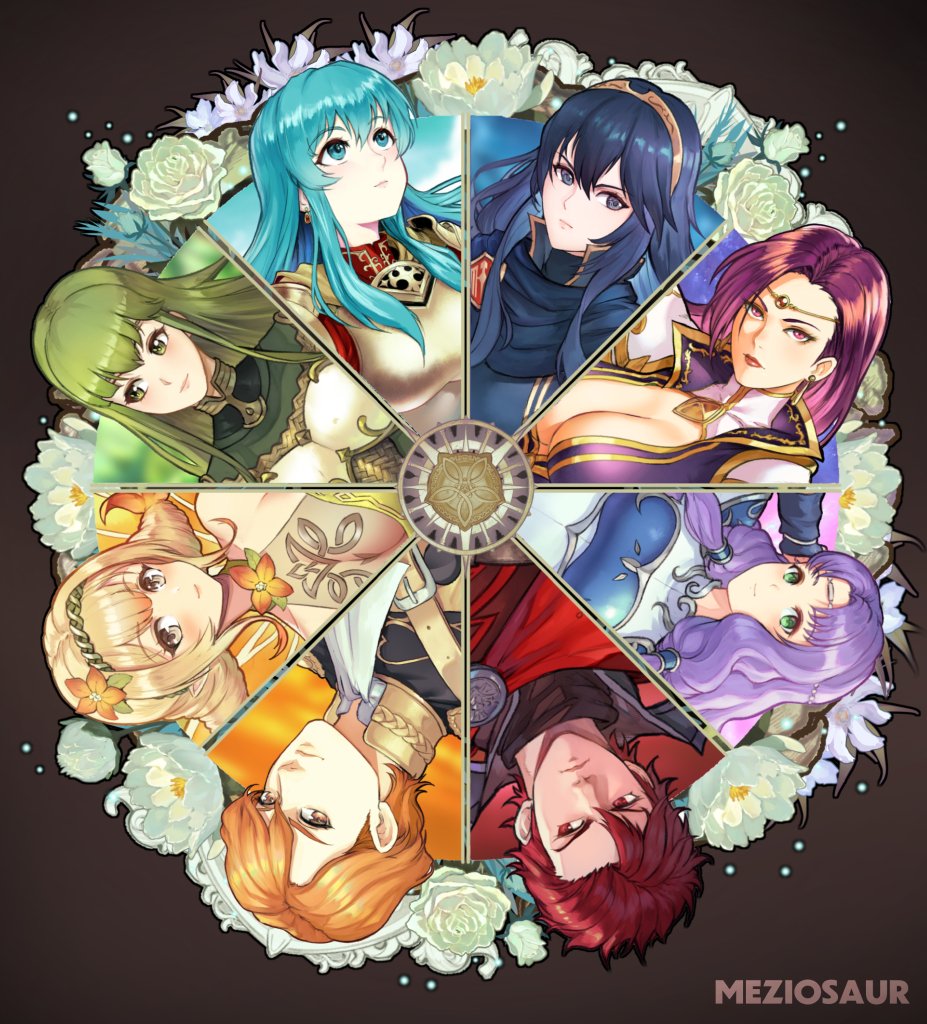 2boys, 6+girls, armor, blue_cape, blue_eyes, blue_gloves, blue_hair, brand_of_the_exalt