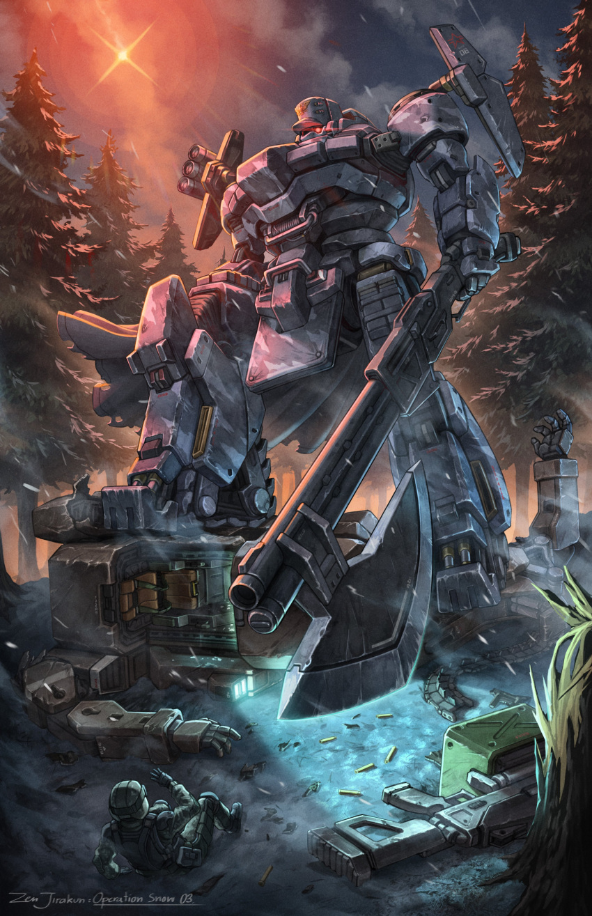 1boy, absurdres, aiming, ammunition_box, arctic_camouflage, armor, artist_name, axe