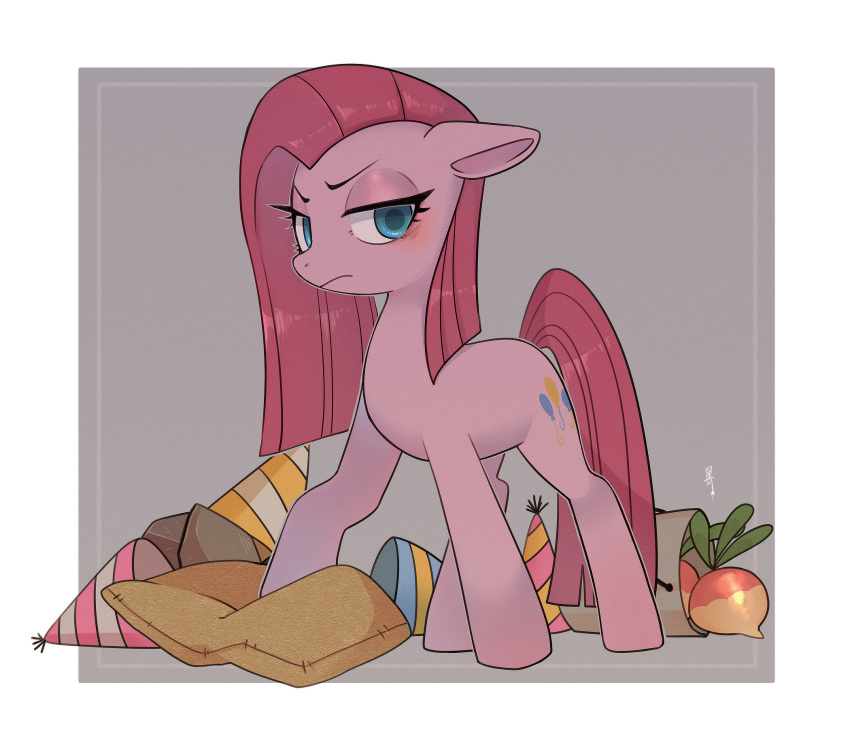 animal, animal_focus, blue_eyes, blush, choco_hosikawa, commentary, cutie_mark, frown, grey_background, highres, jitome, long_hair, looking_at_viewer, my_little_pony, my_little_pony:_friendship_is_magic, no_humans, official_alternate_hairstyle, pink_hair, pinkamena_diane_pie, pinkie_pie, pony_(animal), simple_background, solo, standing, tail, white_background