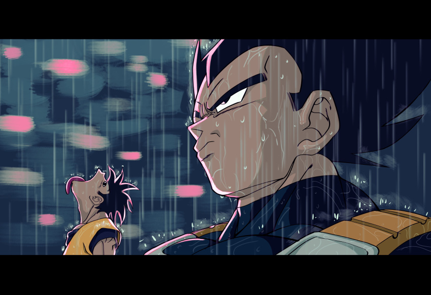 2boys, absurdres, blurry, blurry_background, dragon_ball, dragon_ball_z, goku_and_vegeta_in_the_rain_(meme), highres, koralldiz, meme, multiple_boys, open_mouth, rain, saiyan_armor, son_goku, spiky_hair, tongue, tongue_out, vegeta, water_drop, wet, wet_clothes, wet_hair