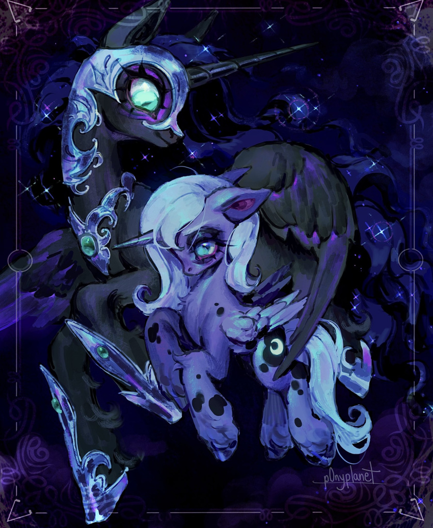 age_difference, animal, animal_focus, aqua_eyes, armor, blue_hair, commentary, crescent, cutie_mark, dark_persona, dual_persona, english_commentary, helmet, highres, horns, jewelry, long_hair, my_little_pony, my_little_pony:_friendship_is_magic, necklace, nightmare_moon, no_humans, p0nyplanet, painterly, pony_(animal), princess_luna, princess_luna_(young), shoes, short_hair, signature, single_horn, sparkle, tail, very_long_hair, winged_unicorn, wings