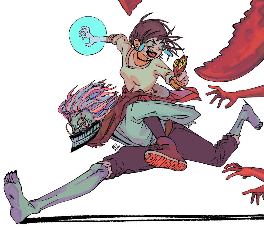 1boy, 1girl, absurdres, alternate_form, ayase_momo, barefoot, black_choker, black_pants