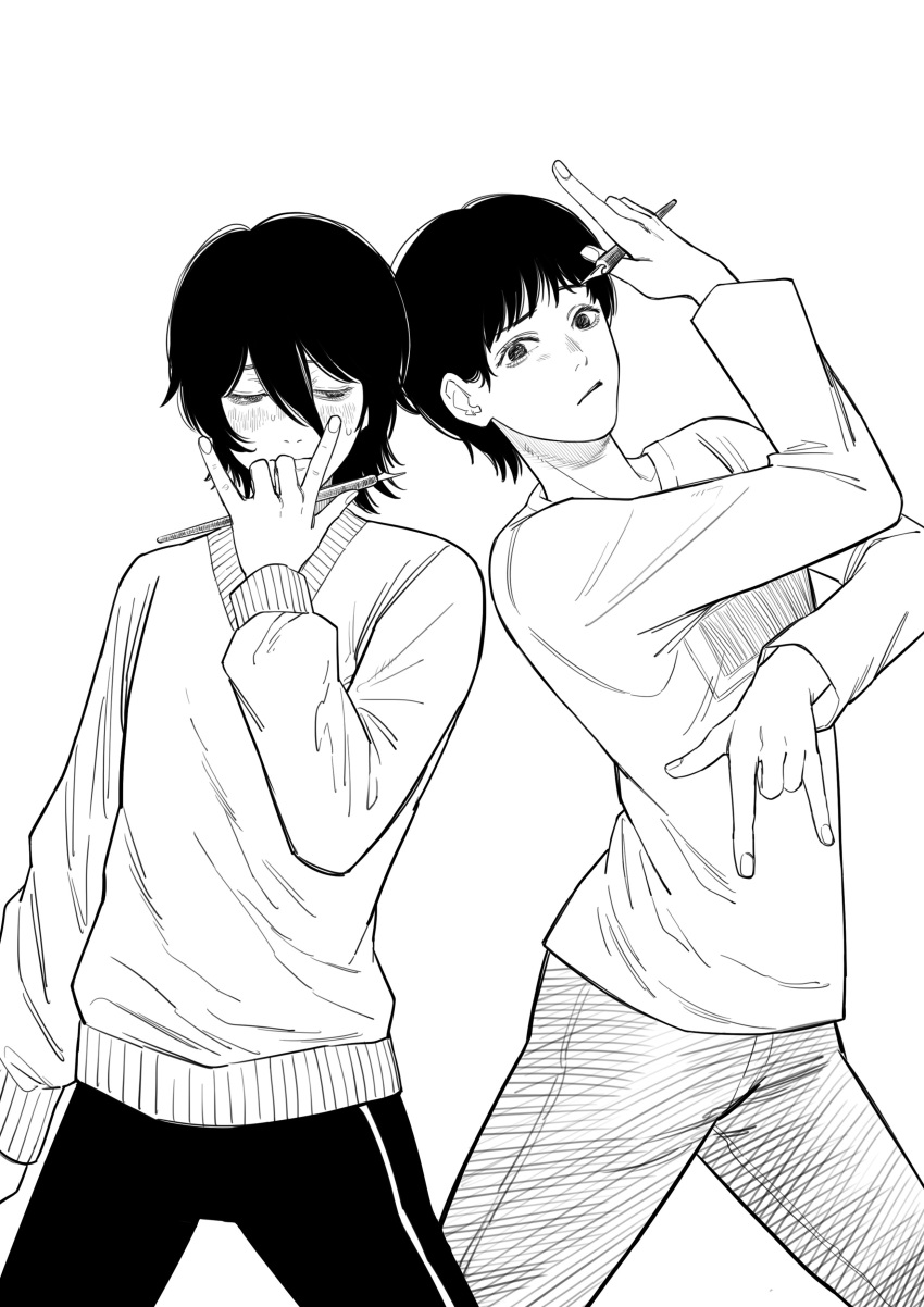 2girls, absurdres, androgynous, chinese_commentary, commentary_request, crosshatching, fujino_(look_back), greyscale