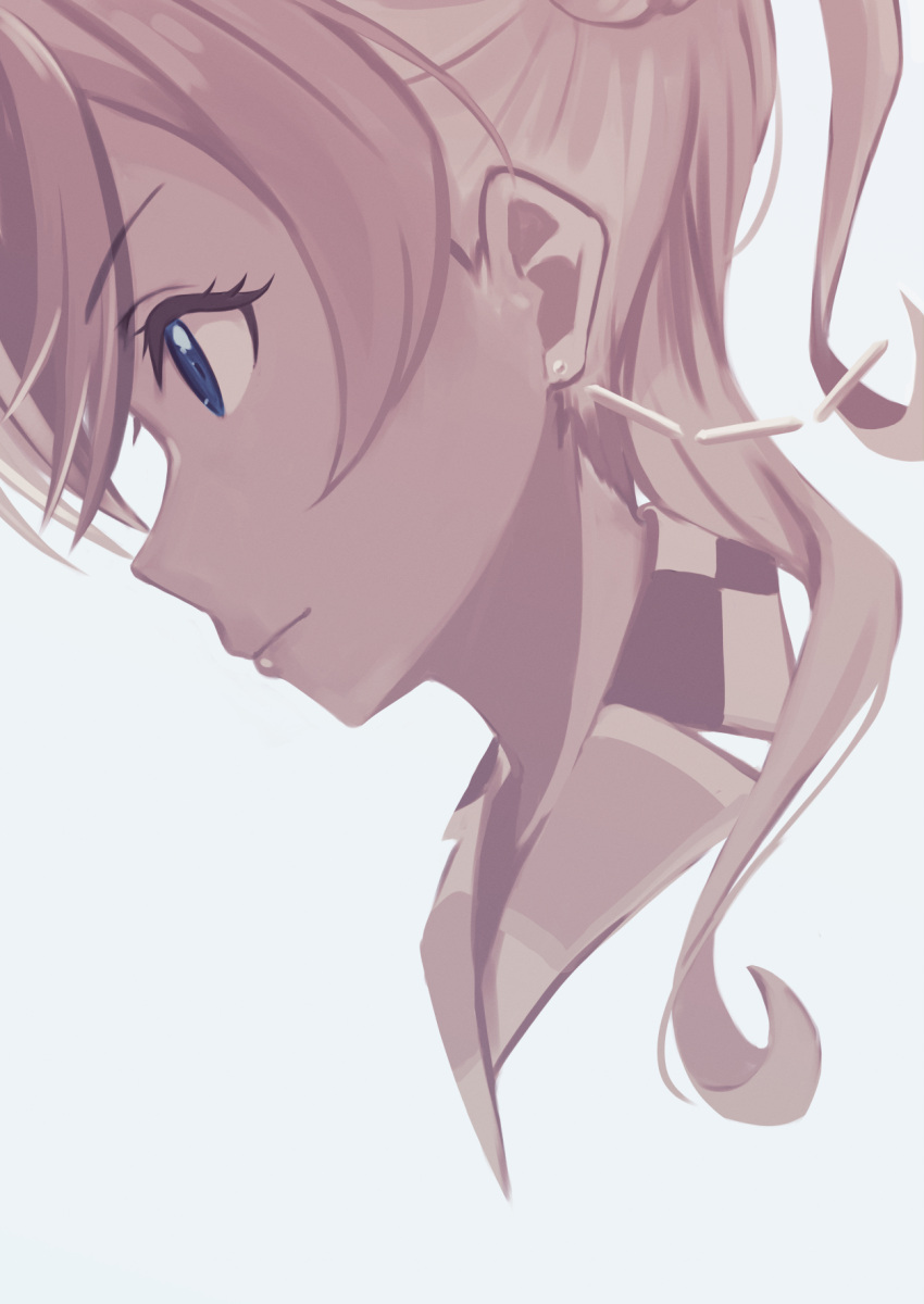 1girl, blue_eyes, checkered_clothes, closed_mouth, cropped_head, earrings, greyscale, hair_bun, highres, jewelry, let's_be_one_(love_live!), looking_ahead, love_live!, love_live!_superstar!!, macken666, monochrome, official_alternate_costume, profile, short_hair_with_long_locks, simple_background, single_side_bun, solo, spot_color, stud_earrings, white_background, yoneme_mei
