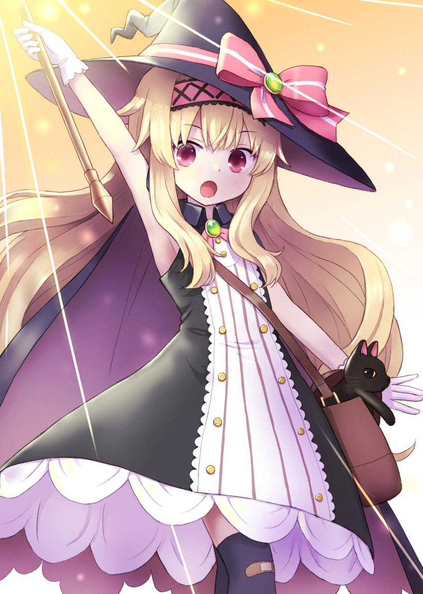 1girl, arm_up, bag, bandaid, bandaid_on_knee, bandaid_on_leg, black_cat, blonde_hair