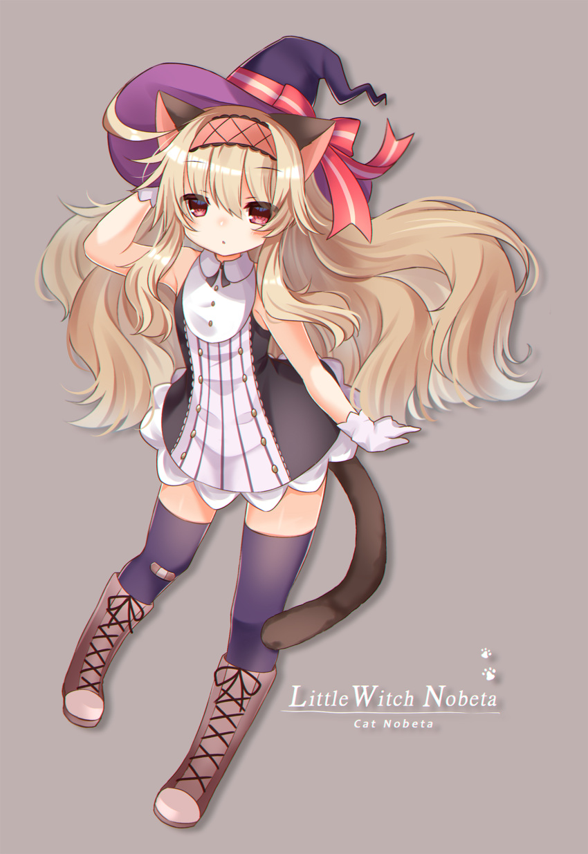 1girl, animal_ears, bandaid, bandaid_on_clothes, bandaid_on_knee, bandaid_on_leg, blonde_hair, boots, cat_day, cat_ears, cat_girl, cat_tail, commentary_request, full_body, gloves, hairband, hat, highres, little_witch_nobeta, long_hair, looking_at_viewer, miji_(citronism), nobeta, red_eyes, solo, tail, thigh-highs, white_gloves, witch, witch_hat, zettai_ryouiki