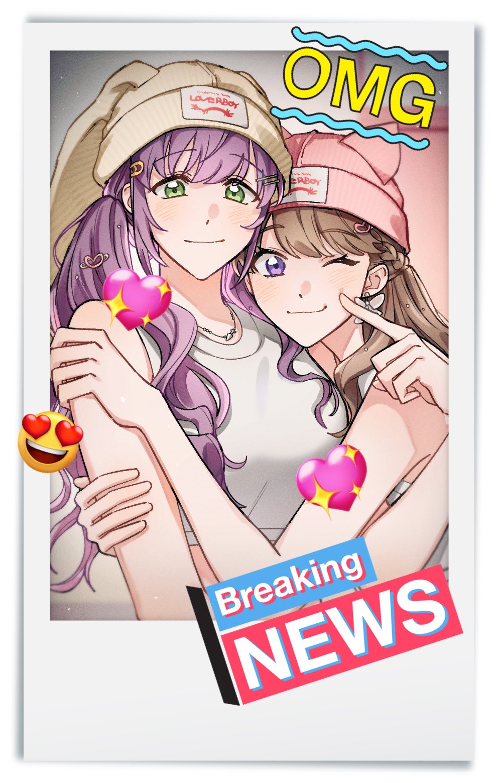 2girls, ;), alternate_hairstyle, animal_hat, bak_pep, blurry, blurry_background, border