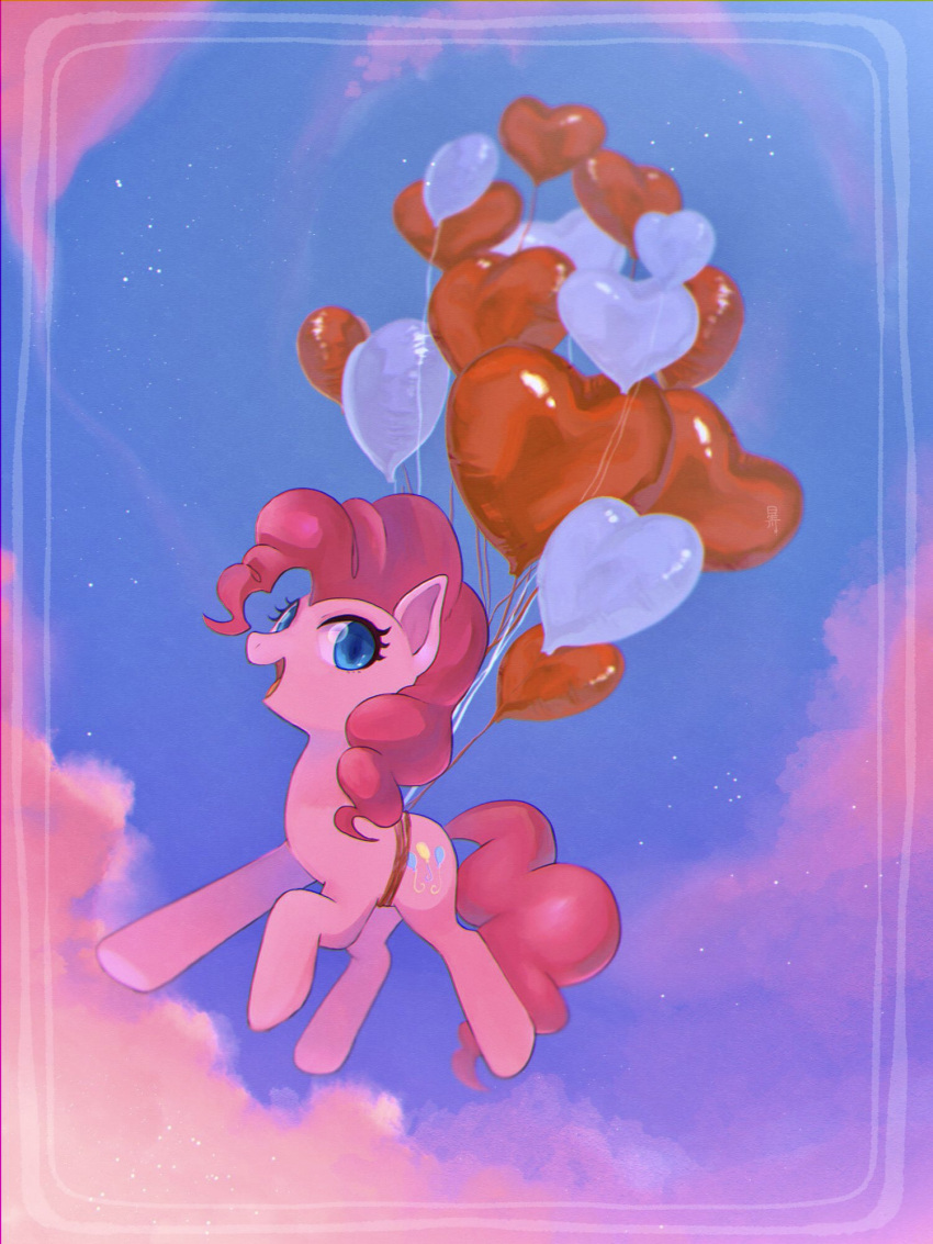 animal, animal_focus, balloon, blue_eyes, choco_hosikawa, clouds, cloudy_sky, commentary, curly_hair, cutie_mark, day, flying, heart_balloon, highres, hooves, long_hair, looking_at_viewer, my_little_pony, my_little_pony:_friendship_is_magic, no_humans, open_mouth, outdoors, pink_hair, pinkie_pie, pony_(animal), sky, smile, solo, symbol-only_commentary, tail