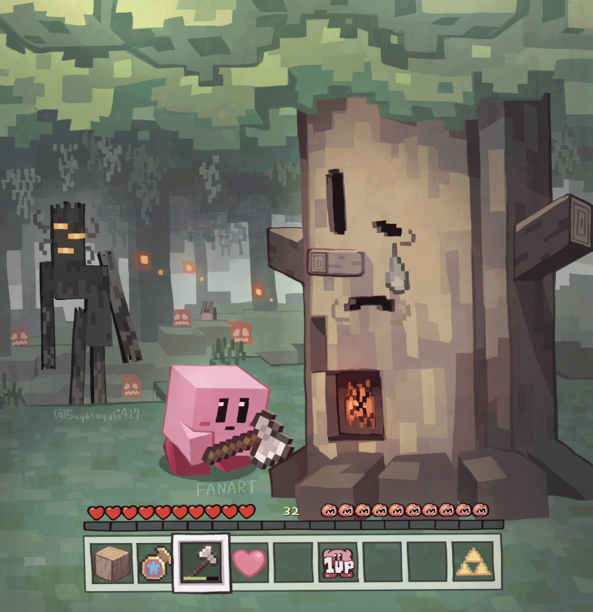 axe, creaking_(minecraft), forest, grass, heart, highres, holding, holding_axe