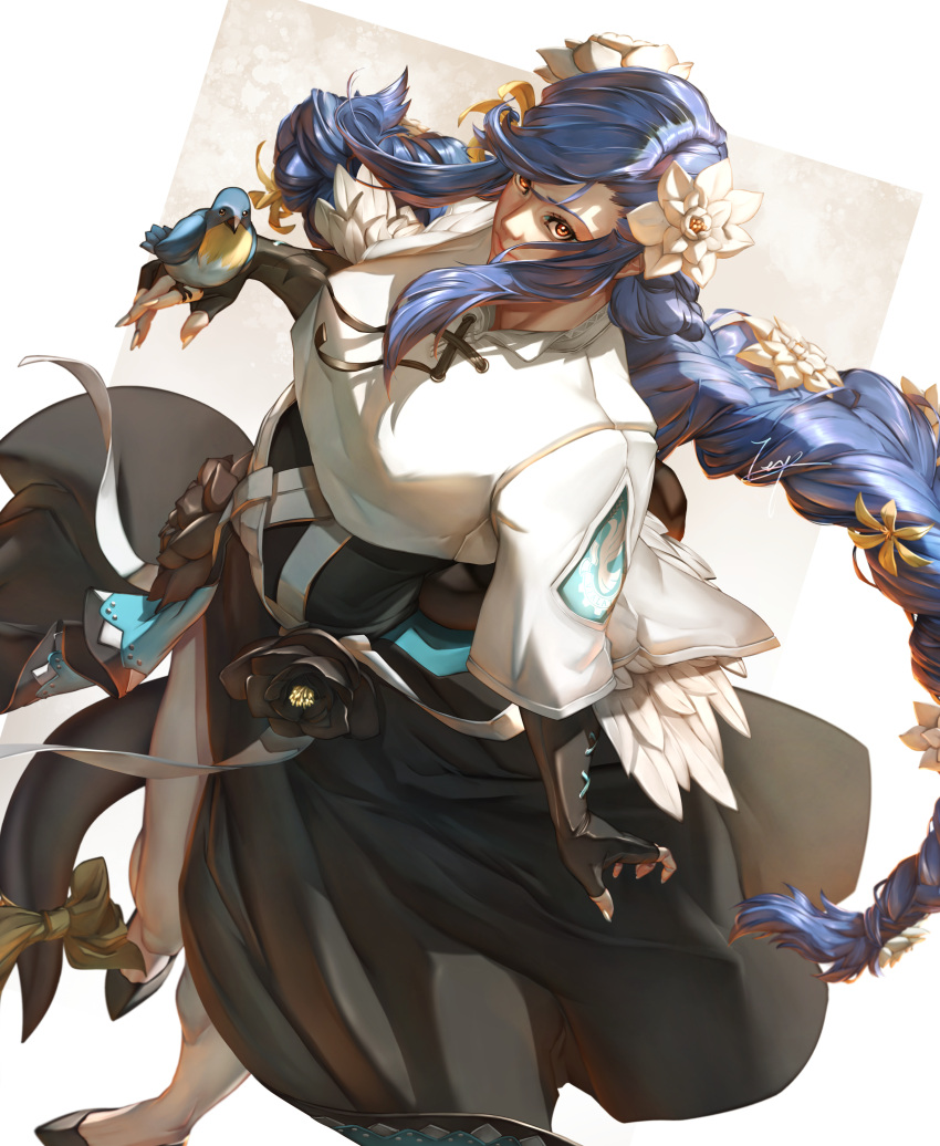 1girl, absurdres, angel_wings, animal, bird, black_dress, black_flower, black_footwear, black_gloves, blue_hair, braid, braided_ponytail, breasts, carrying, crop_top, dizzy_(guilty_gear), dress, elbow_gloves, fingerless_gloves, flower, from_above, full_body, gloves, guilty_gear, guilty_gear_strive, hair_flower, hair_ornament, highres, large_breasts, long_hair, looking_at_viewer, mature_female, queen_dizzy, red_eyes, ribbon, shaded_face, sidelocks, solo, swept_bangs, tail, tail_ornament, tail_ribbon, teppu_tora, white_flower, wings, yellow_flower