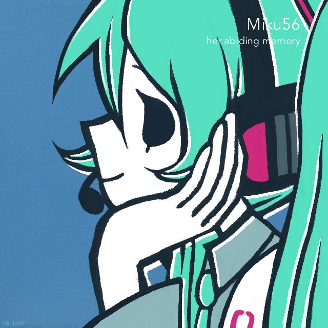 1girl, album_cover_redraw, blue_background, blue_hair, derivative_work, detached_sleeves, english_text, from_side, hand_on_own_cheek, hand_on_own_face, hatsune_miku, headphones, headset, helllst4r, long_sleeves, necktie, outline, pitcher56, portrait, profile, shirt, sleeveless, sleeveless_shirt, solo, twintails, vocaloid, white_outline