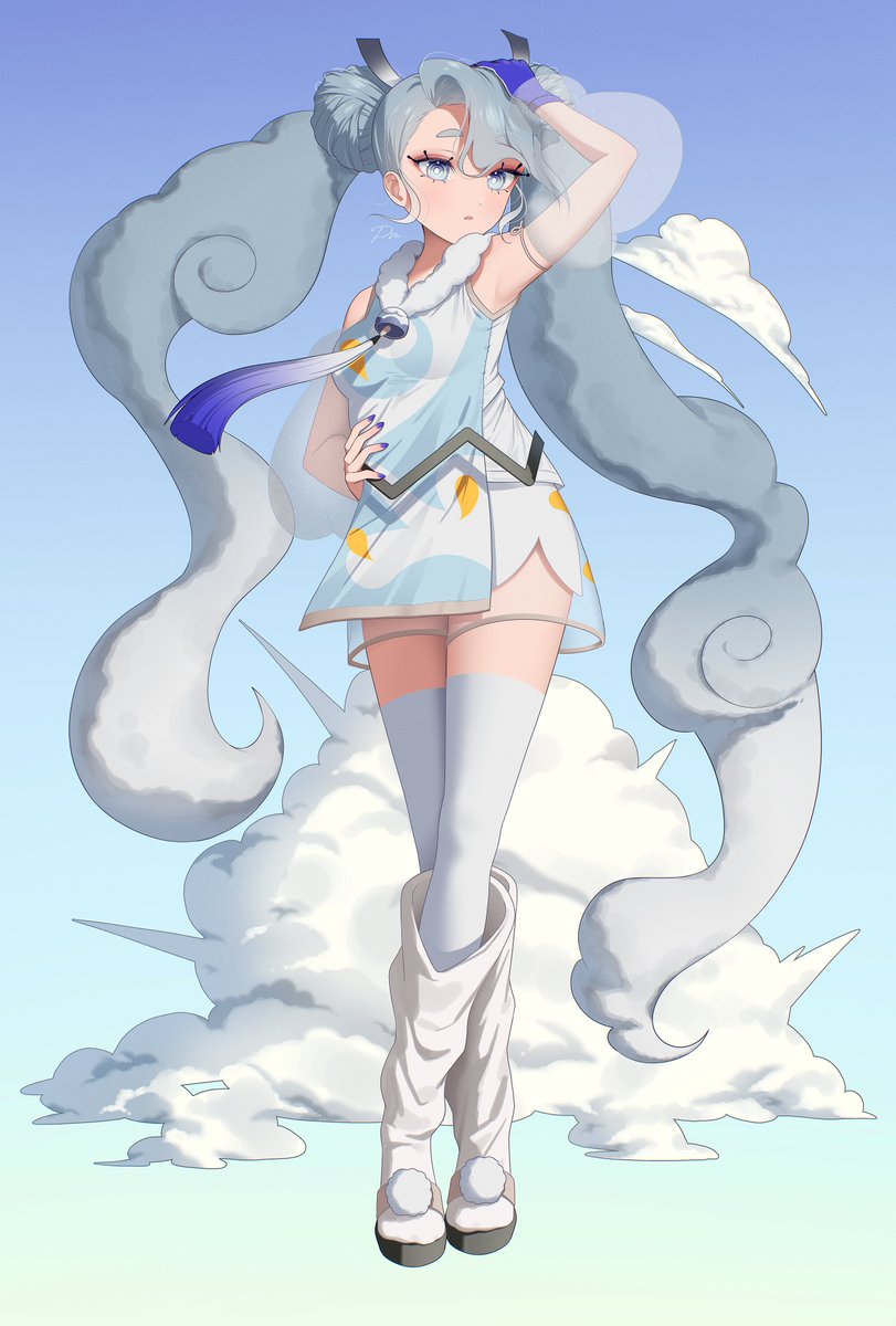 1girl, arm_up, blue_eyes, blue_gloves, boots, breasts, bright_pupils, closed_mouth