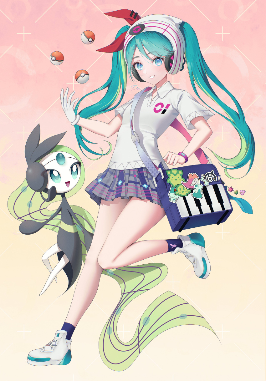 1girl, absurdres, bag, beanie, blue_eyes, collared_shirt, commentary_request, green_hair