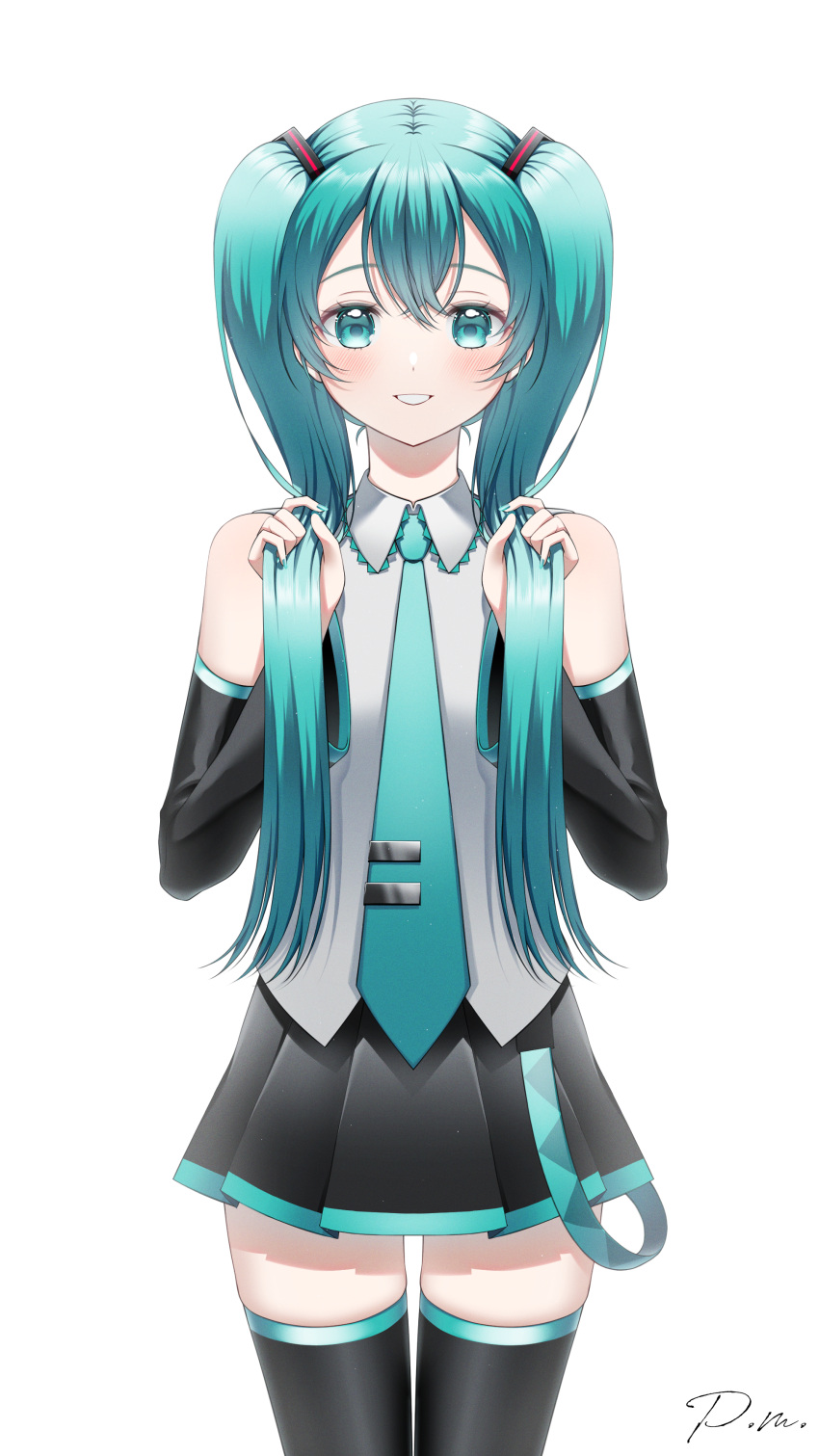 1girl, absurdres, aqua_eyes, bare_shoulders, black_skirt, black_sleeves, black_thighhighs, blush