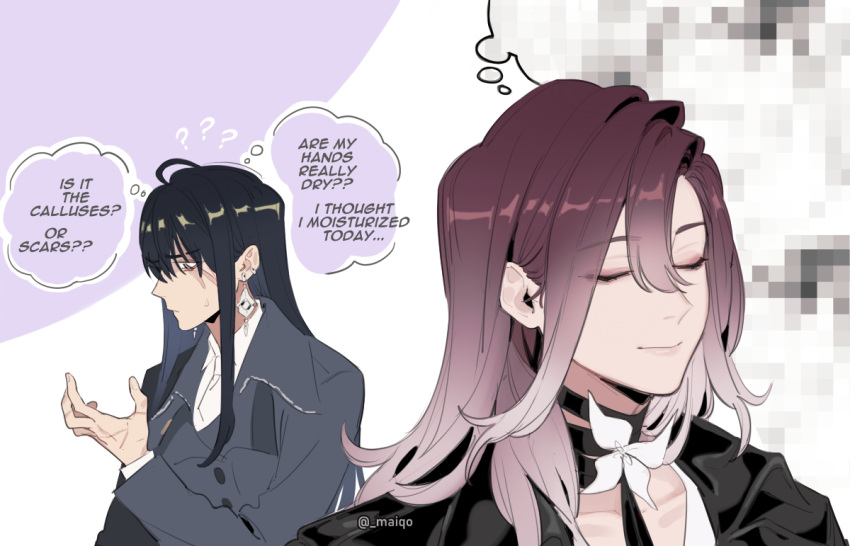 2girls, ?, ??, black_choker, black_coat, black_hair, blur_censor, censored