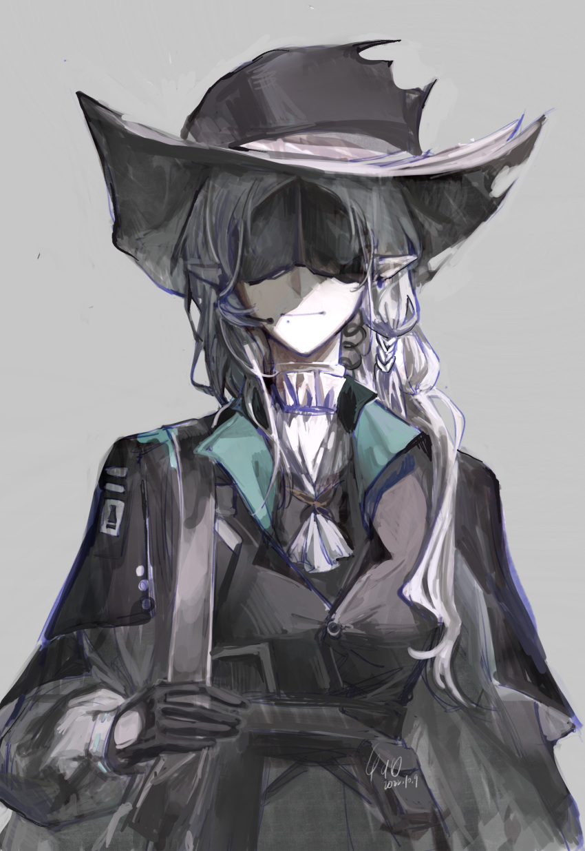 1girl, alariess, arknights, ascot, bag, black_blindfold, black_coat, black_gloves