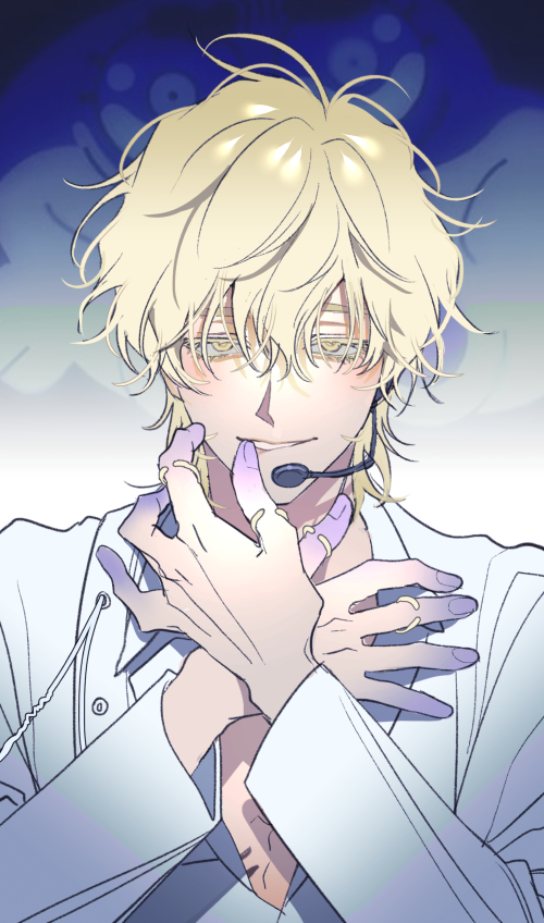 1boy, alien_stage, biting_own_lip, blonde_hair, colored_extremities, colored_eyelashes, gumball_watterson, hand_on_own_face, headset, long_sleeves, looking_at_viewer, luka_(alien_stage), male_focus, microphone, onegingek, shirt, short_hair, solo, the_amazing_world_of_gumball, upper_body, white_shirt, yellow_eyes