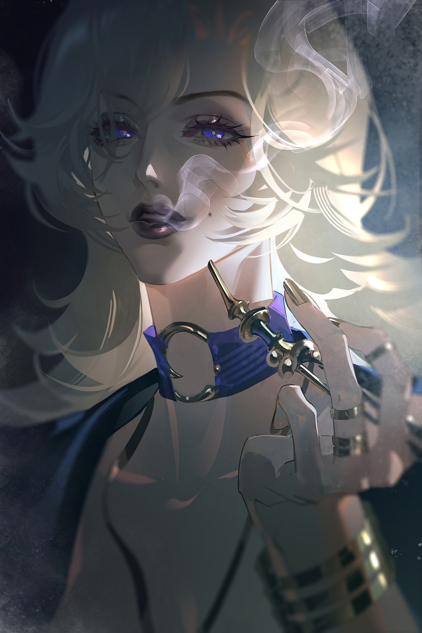 1girl, absurdres, asymmetrical_bangs, black_lips, blonde_hair, blue_choker, blue_eyes, blue_jacket, bracelet, chinese_commentary, choker, collarbone, commentary, glitter_makeup, gold_bracelet, gold_nails, gold_ring, highres, holding, holding_smoking_pipe, jacket, jewelry, looking_at_viewer, mole, mole_on_cheek, nail_polish, o-ring, o-ring_choker, open_mouth, path_to_nowhere, sideways_glance, smoke, smoke_trail, smoking, smoking_pipe, solo, suit_jacket, vautour_bleu_(path_to_nowhere), yushancheng