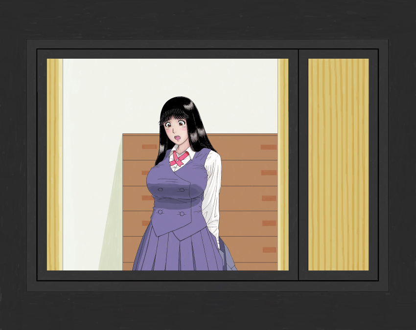 1boy, 1girl, absurdres, black_hair, breasts, brown_eyes, curtains, drawer