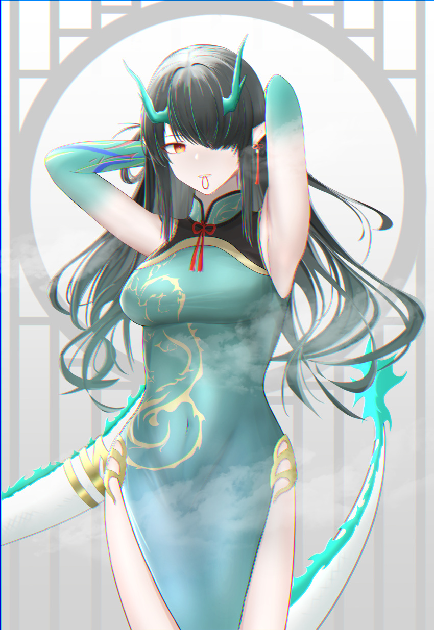 absurdres, arknights, black_hair, china_dress, chinese_clothes, colored_skin, dragon_girl, dragon_horns