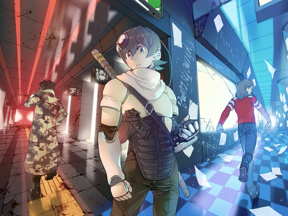 3boys, adjusting_eyewear, arm_armor, arm_support, armor, bandana, black_armor, black_footwear