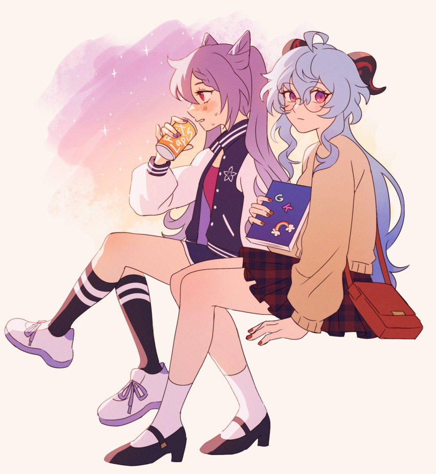 2girls, black_footwear, black_jacket, black_shorts, black_socks, blue_hair, can, commentary