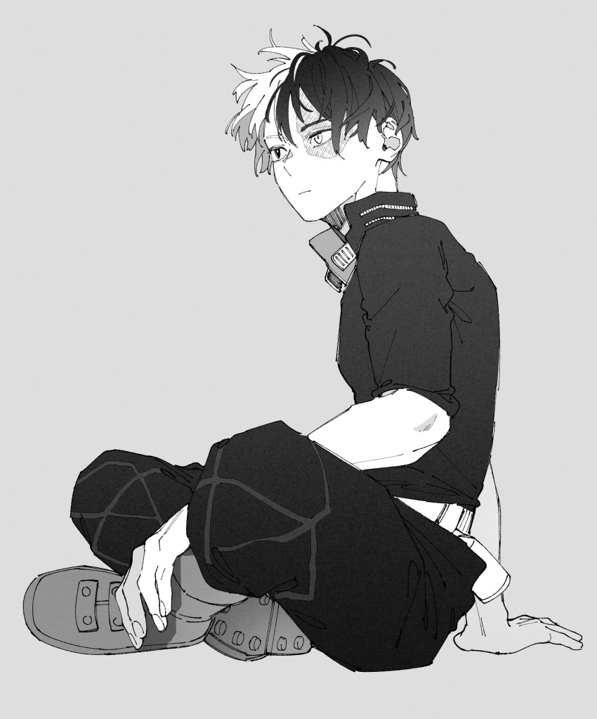 1boy, arm_between_legs, arm_support, belt, boku_no_hero_academia, boots, burn_scar, closed_mouth