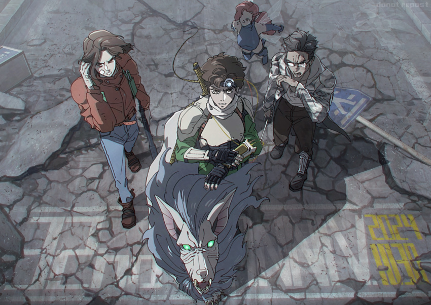 3boys, armor, arms_behind_back, bandage_on_face, bandages, bandana, belt, black_footwear, black_gloves, black_hair, blue_shirt, blue_thighhighs, breastplate, brown_eyes, brown_footwear, brown_hair, brown_pants, brushing_hair, brushing_own_hair, comp_(megami_tensei), concrete, crack, cracked_floor, dappled_sunlight, dated, denim, dirty, dirty_clothes, dirty_face, english_text, facing_viewer, fairy, fairy_wings, flying, glasses, gloves, green_eyes, green_shirt, grey_eyes, gun, hand_on_own_arm, highres, holding, holding_gun, holding_sword, holding_weapon, jacket, jeans, kazuya_(megami_tensei), looking_at_viewer, looking_to_the_side, male_focus, medium_hair, military_jacket, monster, multiple_boys, open_clothes, open_jacket, open_mouth, outdoors, pants, partially_fingerless_gloves, pixie_(megami_tensei), popped_collar, red_jacket, redhead, rifle, road_sign, rubble, scabbard, sheath, shin_megami_tensei, shin_megami_tensei_i, shirt, short_hair, shoulder_pads, sign, sniper_rifle, sunlight, sword, sword_on_back, takeshi_(megami_tensei), technology, thigh-highs, tori_(bromaticbrotrap), weapon, weapon_on_back, white_armor, white_bandana, white_shirt, wings, wiping_face, wiping_mouth, wire, yuji_(megami_tensei)