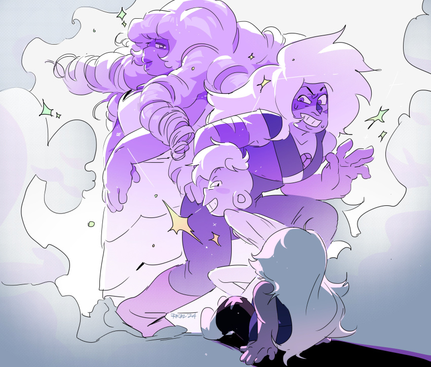 1girl, absurdres, amethyst_(steven_universe), artist_name, black_leggings, colored_skin, commentary_request, dress
