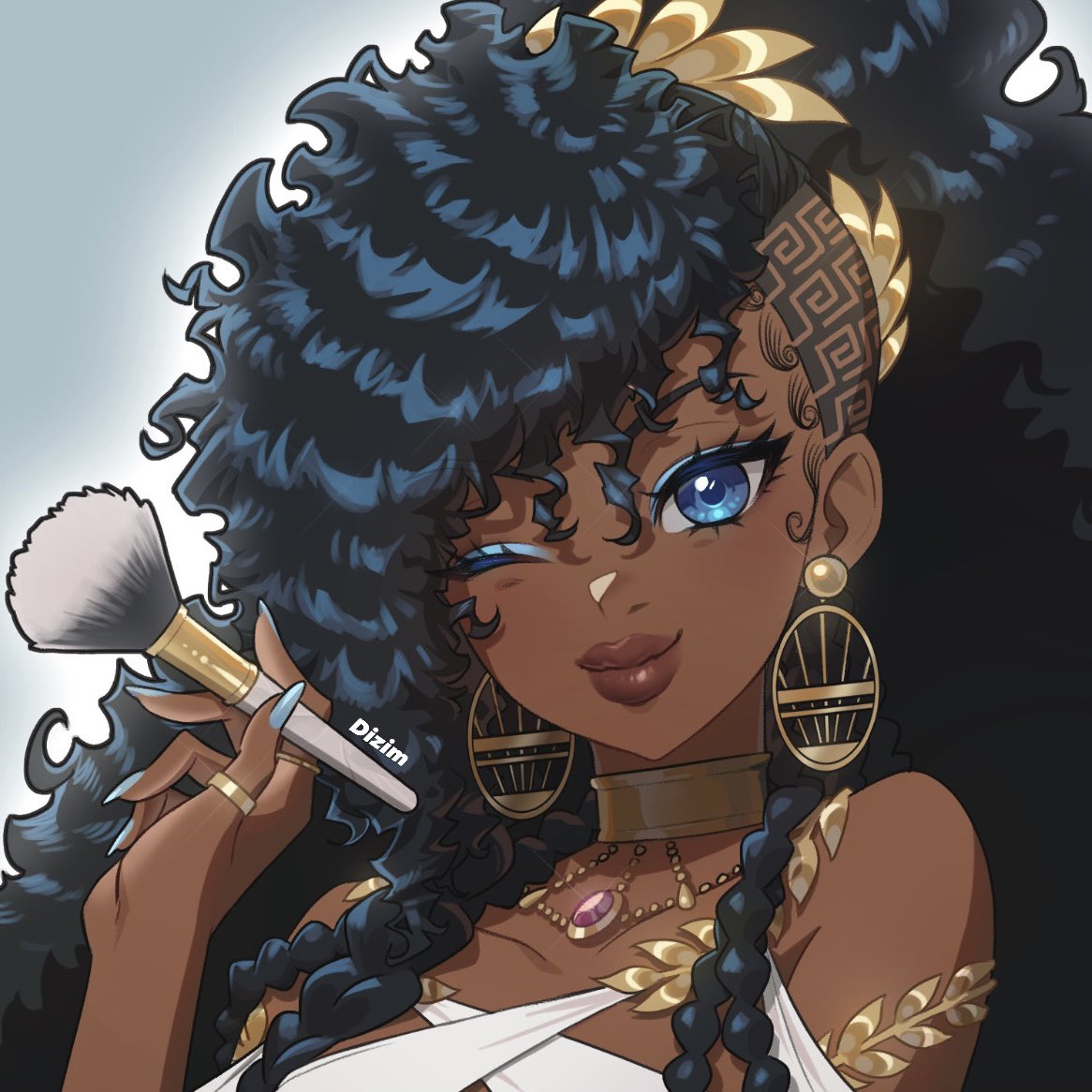 1girl, ;), anarkee_(vtuber), asymmetrical_hair, bare_shoulders, big_hair, black_hair, blue_background