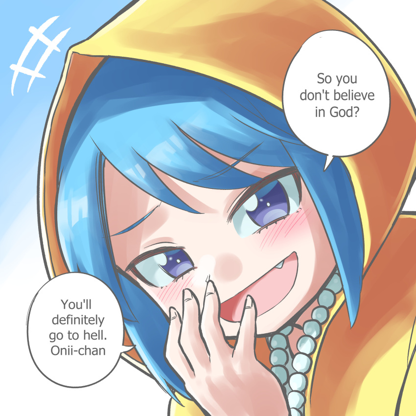 1girl, :d, bead_necklace, beads, blue_hair, blue_sky, blush, bright_pupils, close-up, clouds, cloudy_sky, commentary, covering_own_mouth, cross, english_text, fang, from_side, grin, hand_over_own_mouth, hand_up, highres, hood, hood_up, insult, insulting_viewer, jewelry, jubilee_2025, latin_cross, laughing, looking_at_viewer, looking_to_the_side, luce_(jubilee_2025), max_manster, mesugaki, motion_lines, naughty_face, necklace, notice_lines, open_mouth, outdoors, portrait, raised_eyebrows, rosary, short_hair, sidelocks, sky, smile, smug, solo, speech_bubble, swept_bangs, teasing, violet_eyes, white_pupils, yellow_raincoat