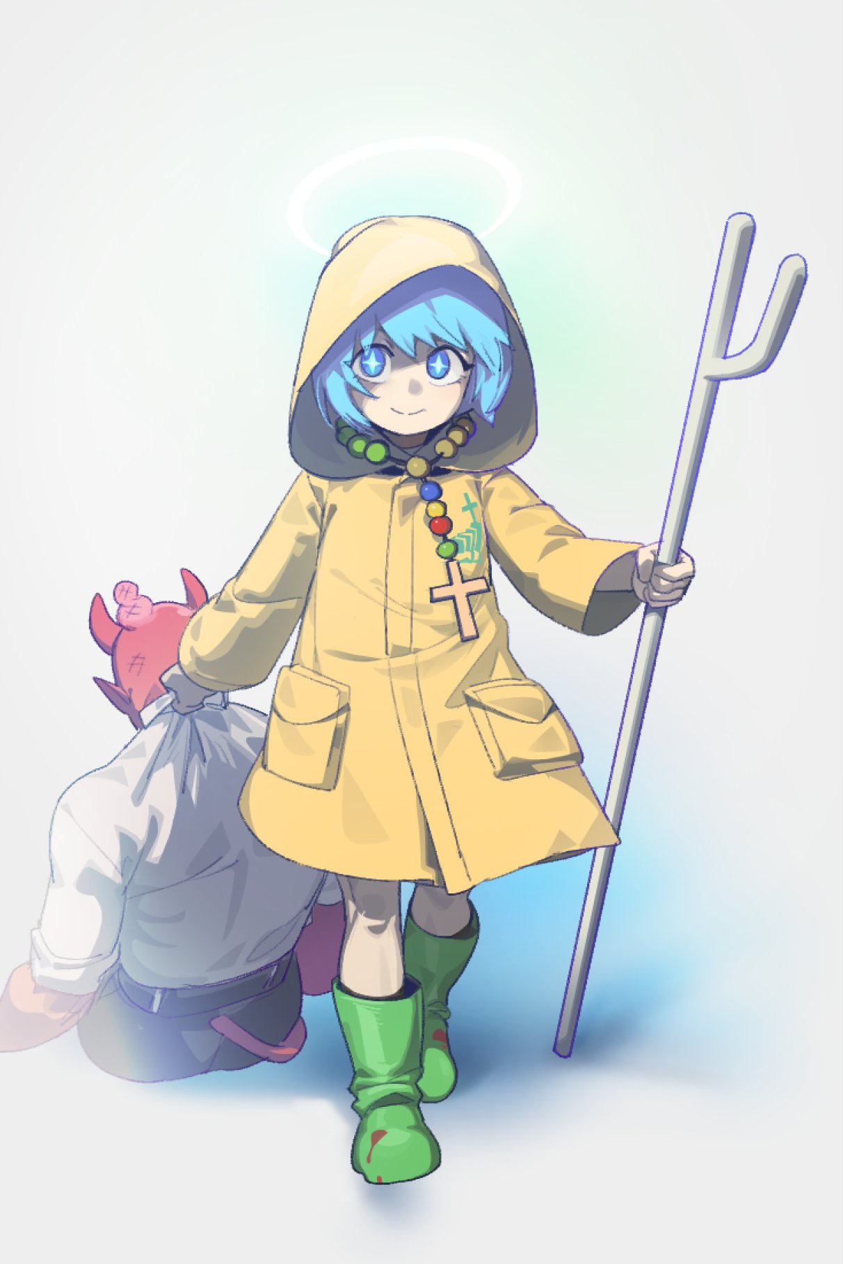 1girl, bead_necklace, beads, blue_eyes, blue_hair, boots, cane, cross