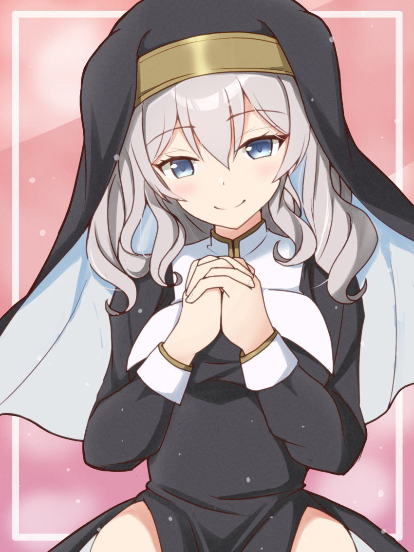 1girl, black_robe, blue_eyes, breasts, grey_hair, habit, highres, kantai_collection