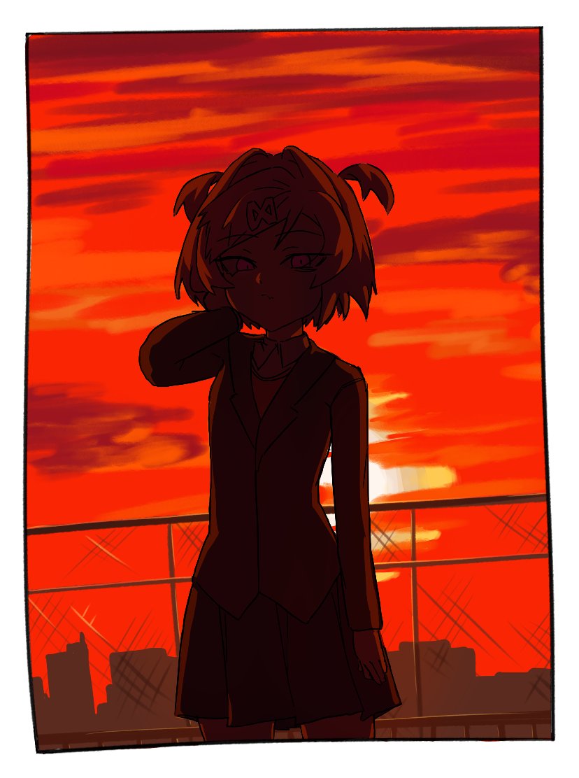 1girl, arm_at_side, arm_behind_head, backlighting, blazer, bob_cut, border, breasts