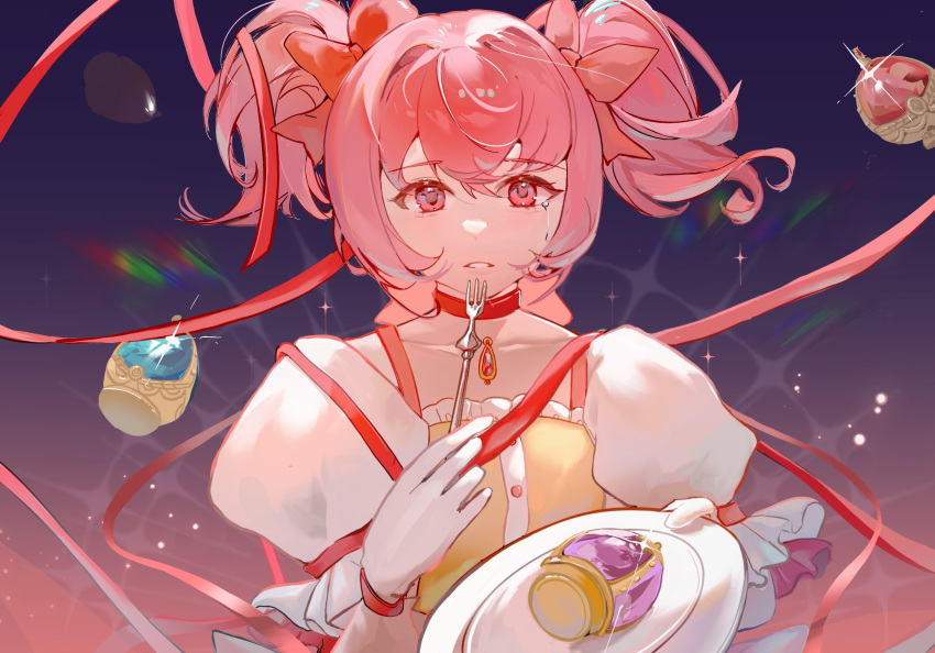 1girl, blue_gemstone, bow, bow_choker, buttons, chest_jewel, chinese_commentary, choker