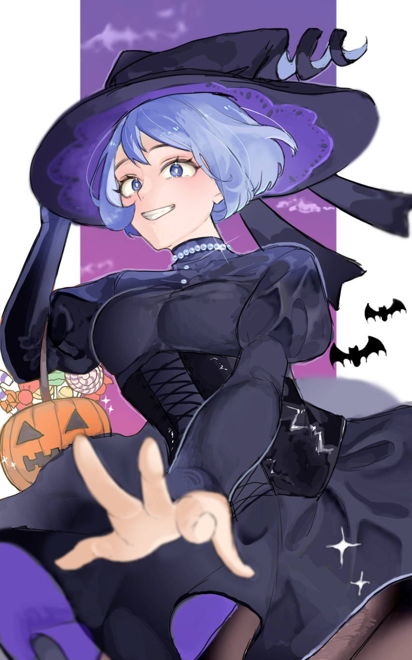 1girl, absurdres, bat_(animal), black_dress, black_hat, blue_eyes, blue_hair, boku_no_hero_academia, brown_pantyhose, candy, dress, food, grin, hadou_nejire, halloween_bucket, halloween_costume, hat, highres, lollipop, long_sleeves, neko_meshi222, official_alternate_hair_length, official_alternate_hairstyle, pantyhose, pearl_choker, smile, solo, teeth, witch, witch_hat