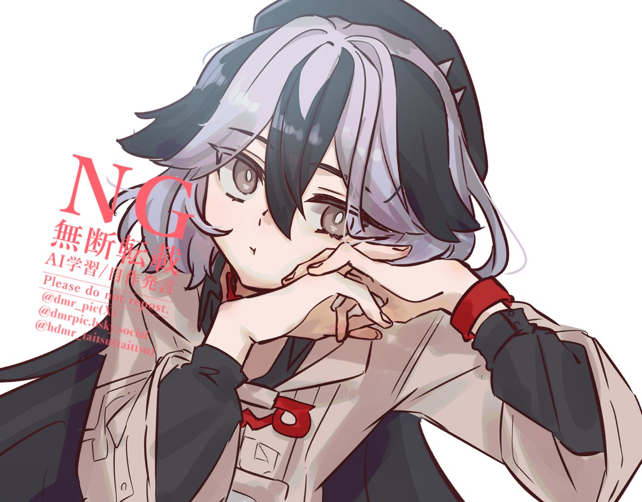 1girl, :t, beret, black_hair, black_hat, black_shirt, brown_eyes, brown_jacket