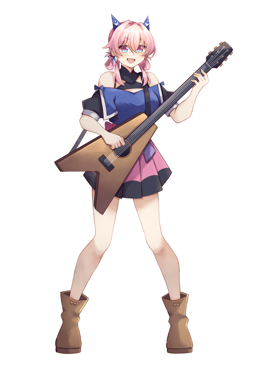 1girl, absurdres, bare_shoulders, black_sleeves, blue_eyes, blue_shirt, boots, breasts, brown_footwear, commission, commissioner_upload, cosplay, dragon_horns, earrings, fake_horns, flatorte_(slime_taoshite_300_nen), flatorte_(slime_taoshite_300_nen)_(cosplay), full_body, guitar, hair_tie, highres, honkai:_star_rail, honkai_(series), horns, instrument, jewelry, kwkunai, march_7th_(honkai:_star_rail), medium_breasts, medium_hair, miniskirt, music, non-web_source, off-shoulder_shirt, off_shoulder, open_mouth, painttool_sai_(medium), pink_eyes, pink_hair, pink_skirt, playing_instrument, shirt, short_sleeves, simple_background, single_earring, skirt, slime_taoshite_300_nen_shiranai_uchi_ni_level_max_ni_nattemashita, smile, solo, standing, two-tone_eyes, white_background