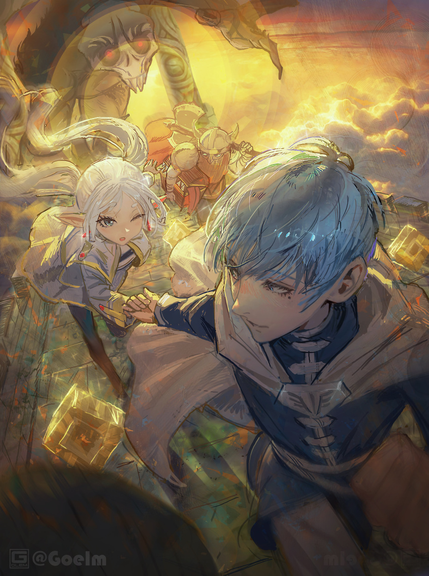 1girl, 2boys, absurdres, artist_name, axe, battle_axe, beard, black_pants