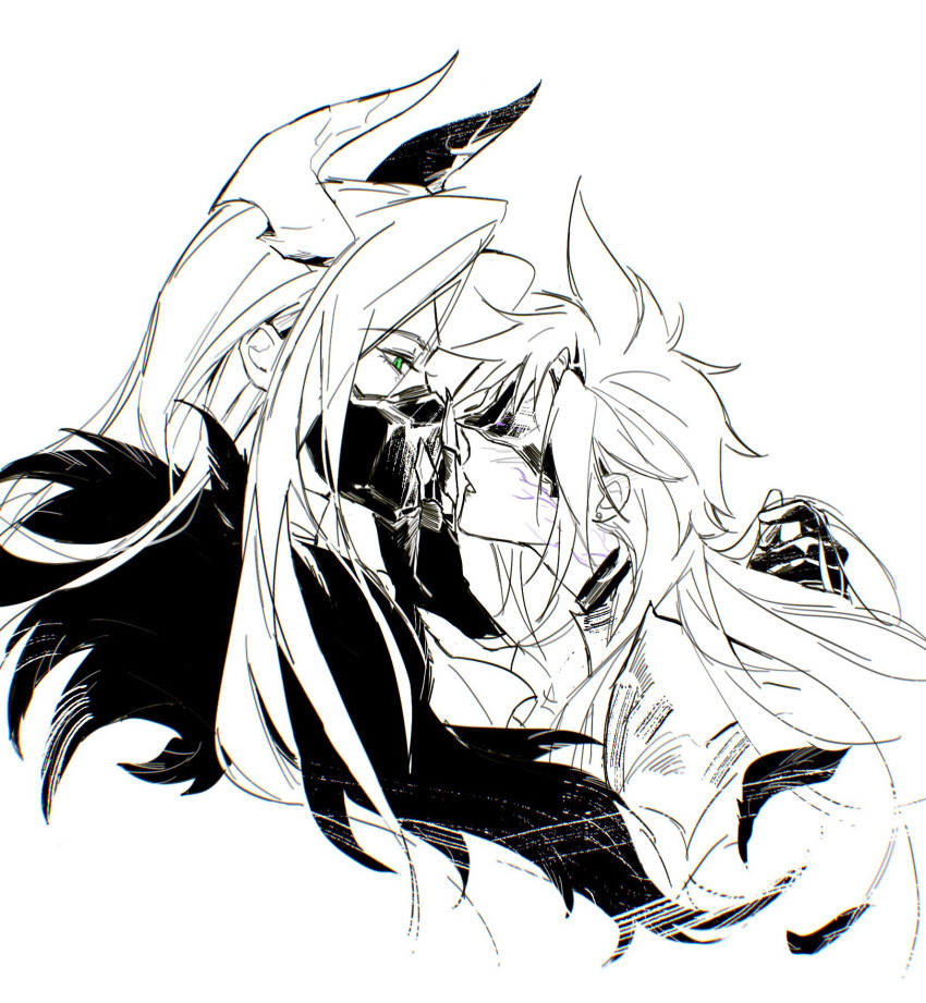 2girls, black_feathers, blindfold, cloud_strife, cloud_strife_(bahamut_garb), demon_horns, facial_mark, feathers