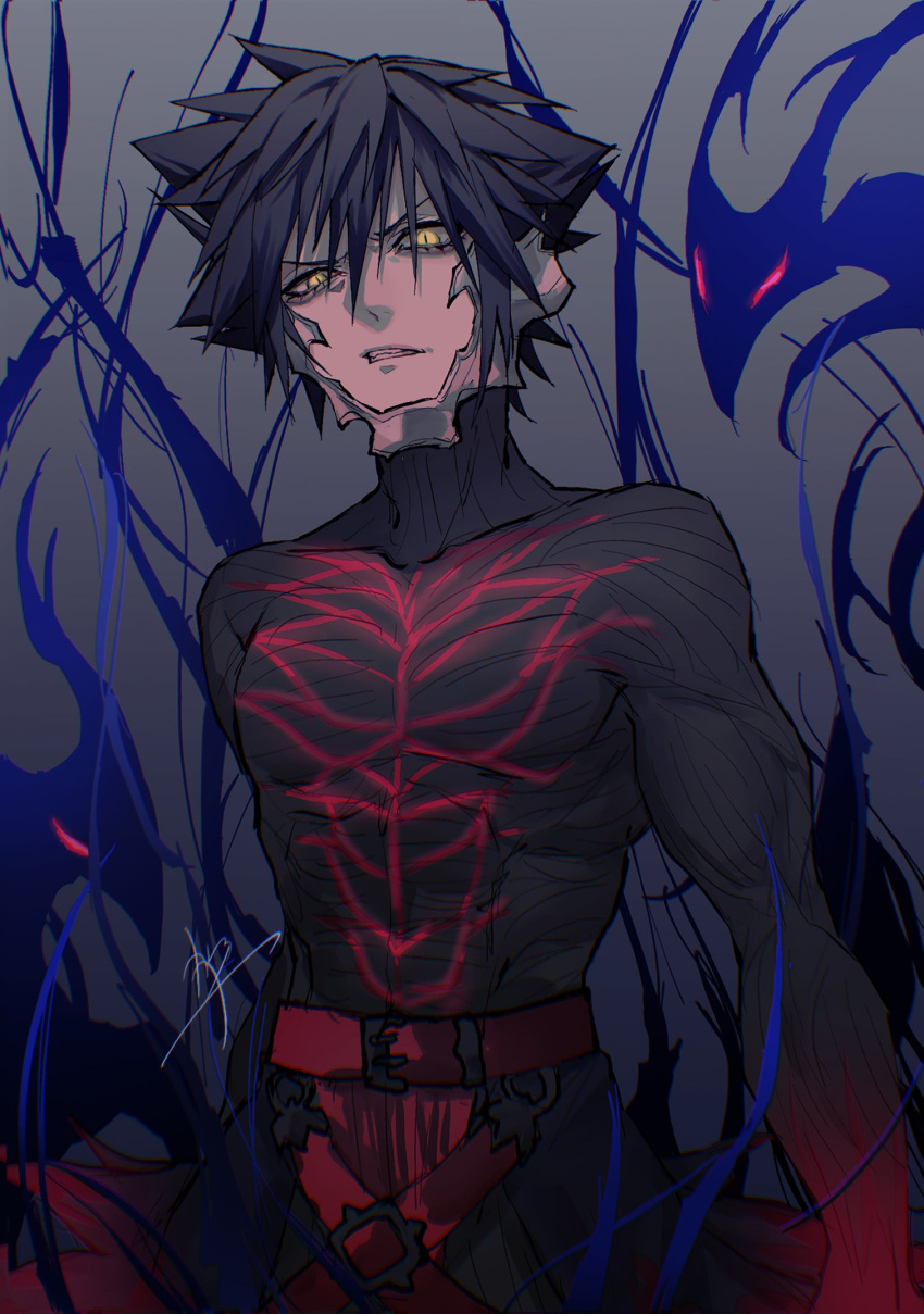 1boy, angry, black_hair, dark, darkness, english_commentary, gloves, highres