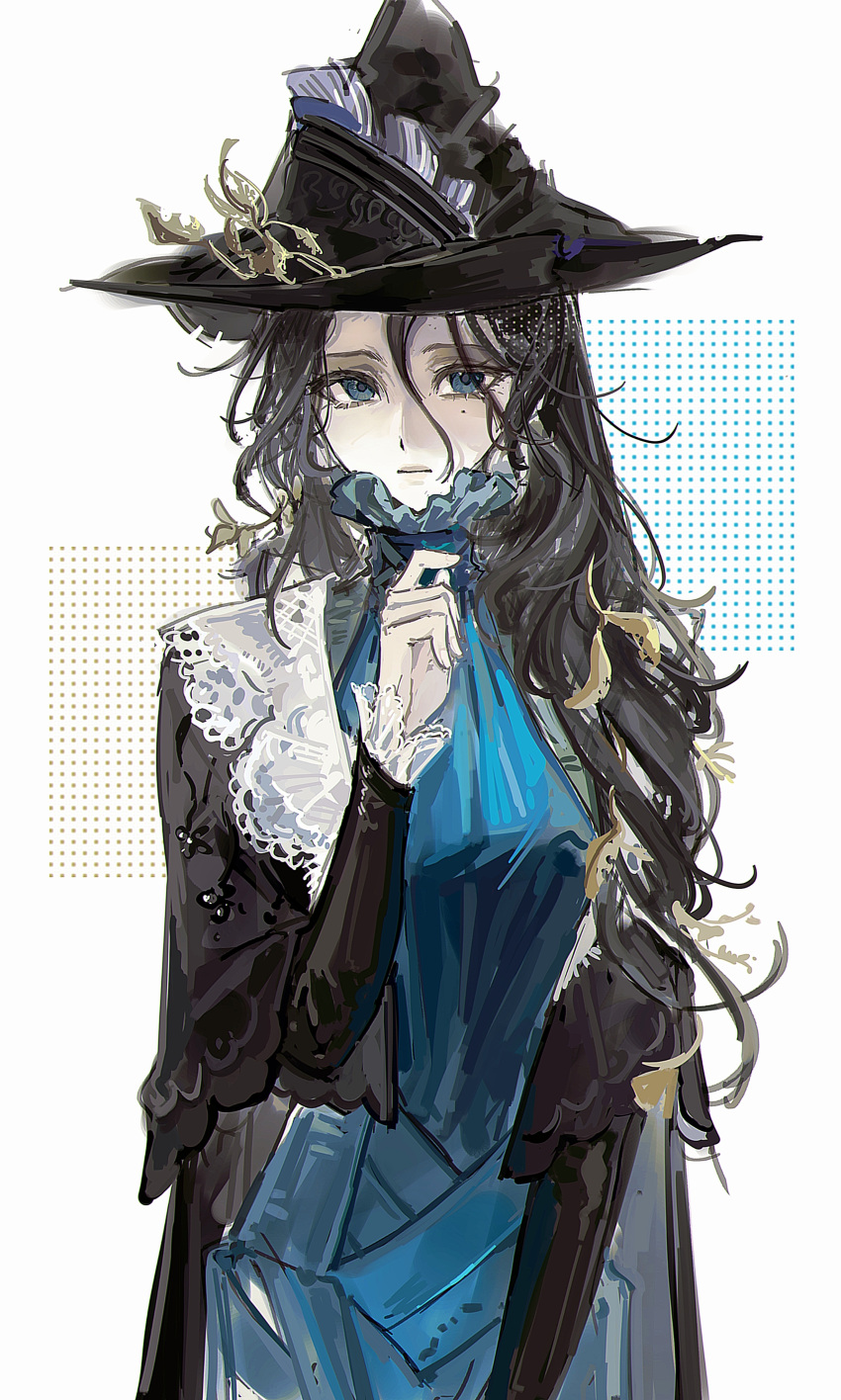 1girl, absurdres, black_cape, black_hair, black_hat, black_sleeves, blue_dress, blue_eyes