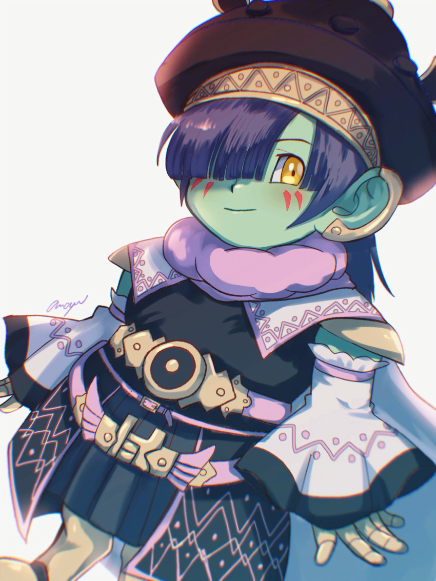 1boy, amayu_(amaamailust), armor, black_robe, blunt_bangs, cape, closed_mouth, colored_skin, commentary_request, detached_sleeves, doltam, dragon_quest, dragon_quest_x, dwarf_(dq10), earrings, facial_mark, floating_cape, gold_earrings, gold_trim, greaves, green_skin, hair_over_one_eye, hat, highres, huge_ears, jewelry, looking_to_the_side, male_focus, medium_hair, pink_trim, purple_hair, robe, signature, smirk, solo, white_background, white_cape, wide_sleeves, yellow_eyes