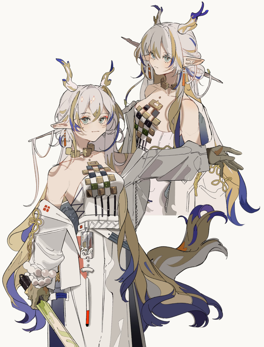 1girl, absurdres, arknights, arm_up, blonde_hair, blue_eyes, blue_hair, colored_skin