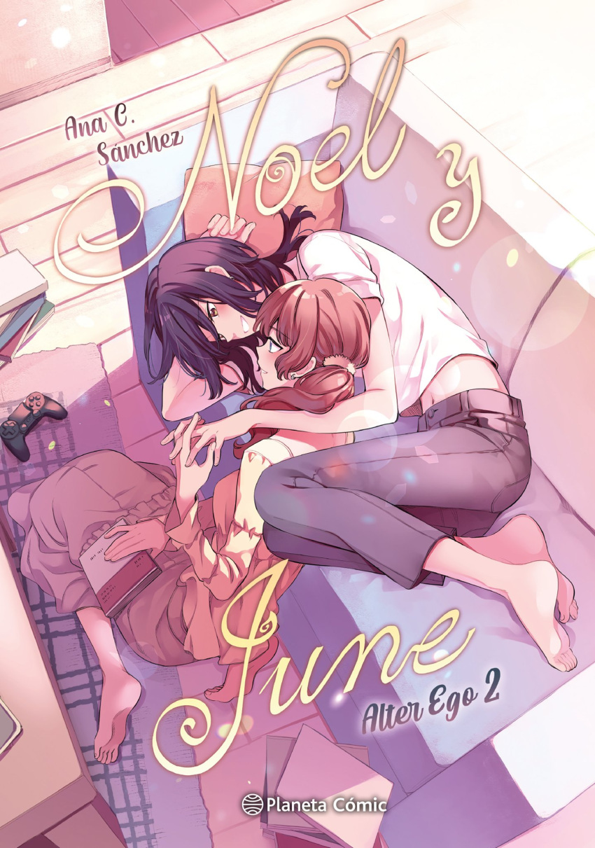 2girls, ana_c._sanchez, barefoot, black_hair, black_pants, brown_eyes, brown_hair, commentary, controller, couch, cover, cover_page, cushion, dated_commentary, earrings, english_text, game_controller, grey_skirt, highres, holding_hands, indoors, jewelry, living_room, looking_at_another, multiple_girls, on_couch, original, pants, parted_lips, shirt, short_sleeves, side_ponytail, skirt, smile, white_shirt, wooden_floor, yuri